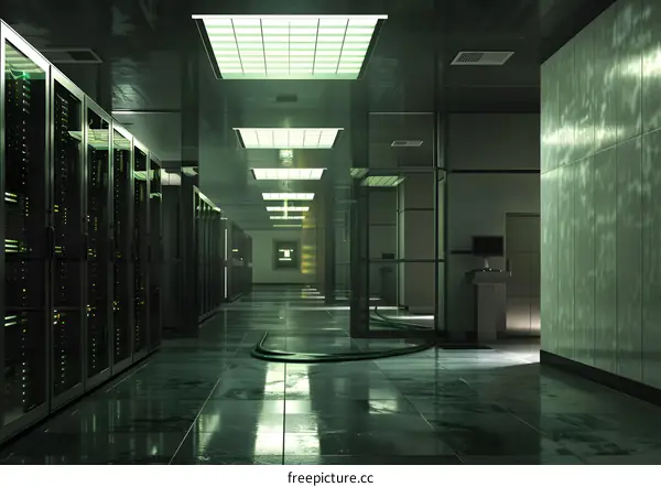 futuristic technology server room with green lights