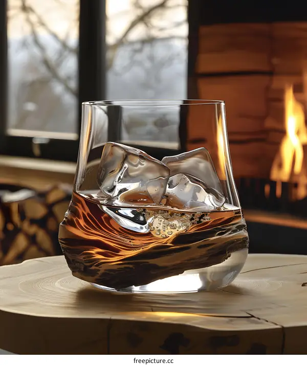 Whiskey Glass with Ice on Wooden Table in Front of Fireplace