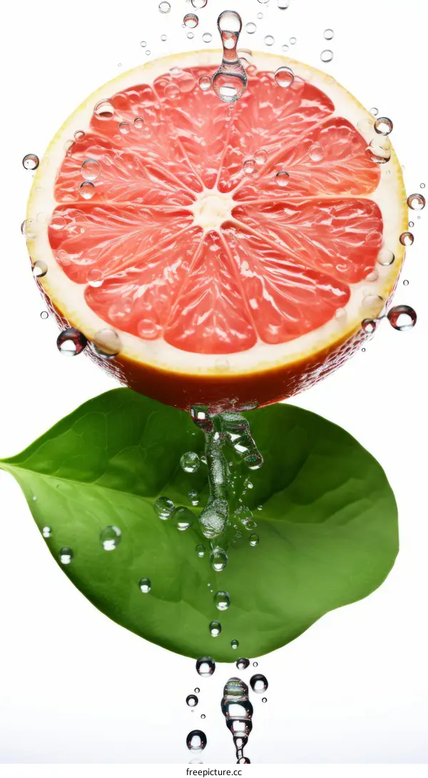water droplets falling on a green leaf and a sliced grapefruit