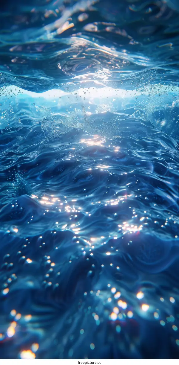 Sunlight Beams Through Ocean Surface with Air Bubbles