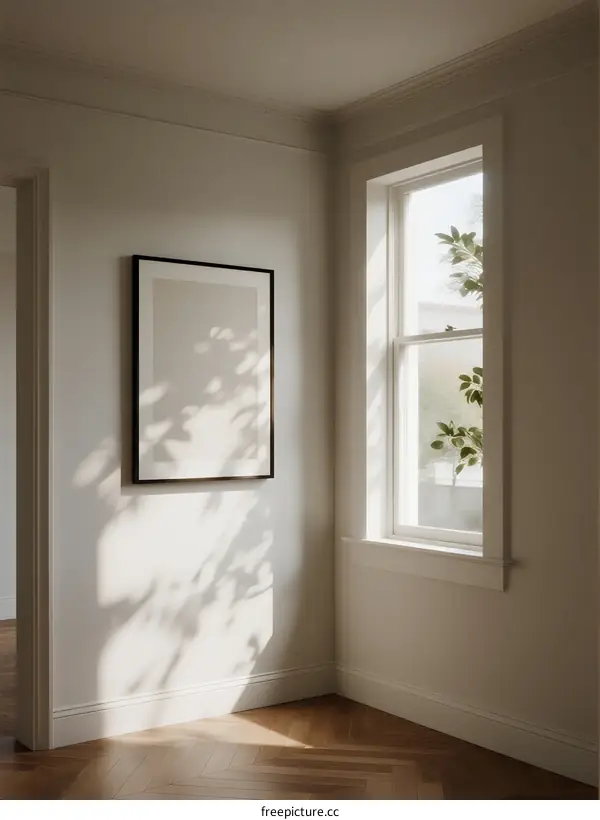 Sunlit Corner with Frame and Potted Plant in Room