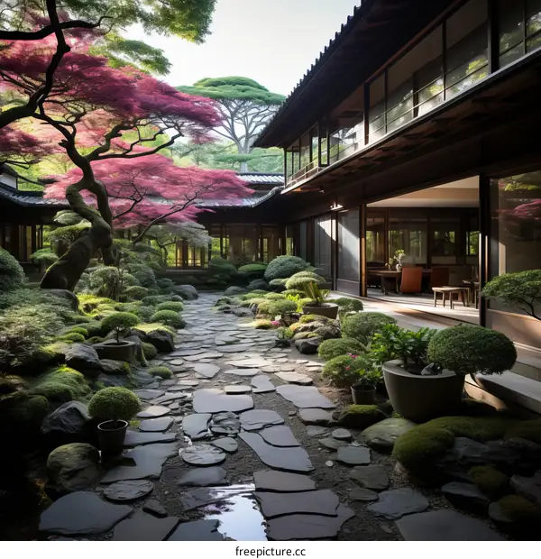 Japanese garden with a stone path, trees, and a house