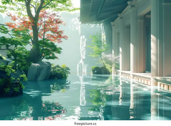 Courtyard with Trees and Waterfall