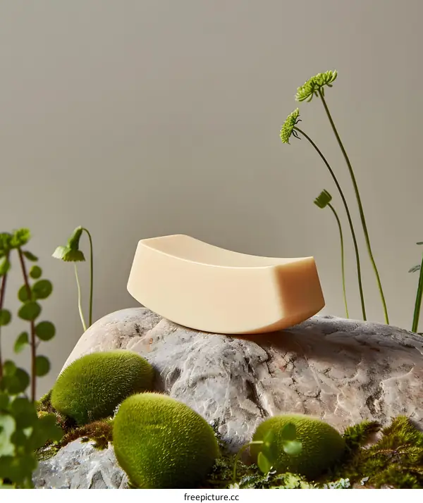 Natural Soap Bar on Stone with Green Plants