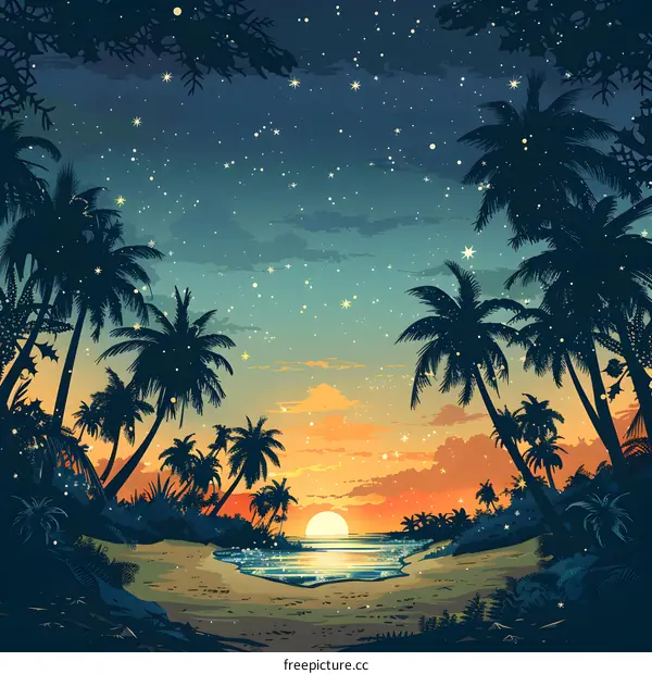 Sunset on the beach with palm trees