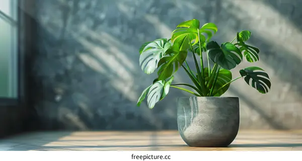 A Monstera deliciosa plant in a pot sits in front of a large window.