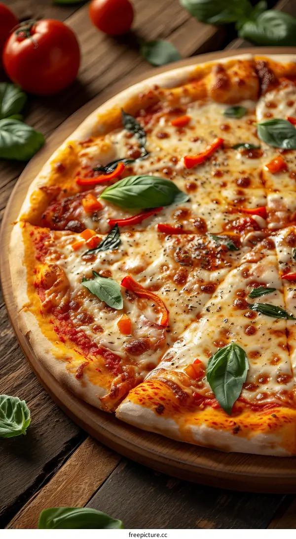 A delicious pizza with melted cheese, red peppers, and basil leaves