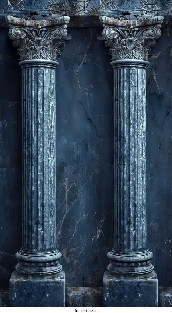Two Weathered Ionic Columns Stand in Front of a Weathered Blue Wall
