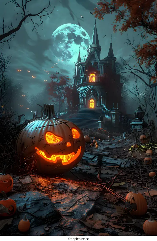 Spooky Halloween Pumpkin and Haunted House