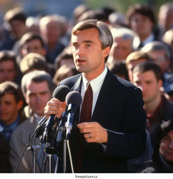A politician giving a speech in front of a crowd