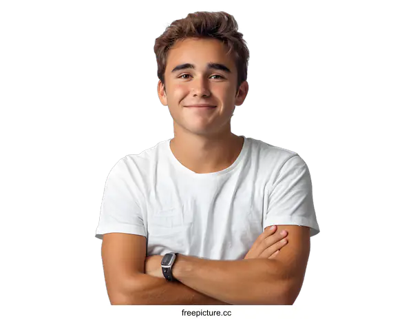 [Transparent Background PNG]Portrait of Young Handsome Caucasian Man in White T-Shirt Smiling at Camera