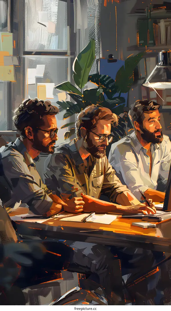 Three men in a meeting discussing ideas