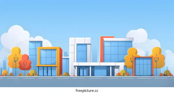 Modern Building Illustration With Trees And Clouds