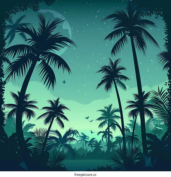 Tropical Night with Palm Trees and Full Moon