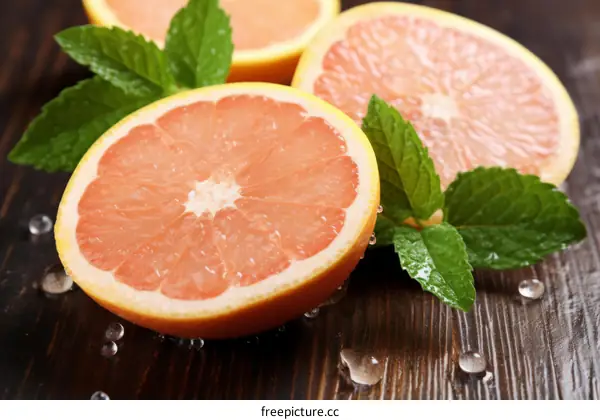 Close-up image of fresh grapefruit halves with mint leaves