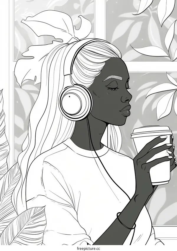 A black woman is listening to music and drinking coffee