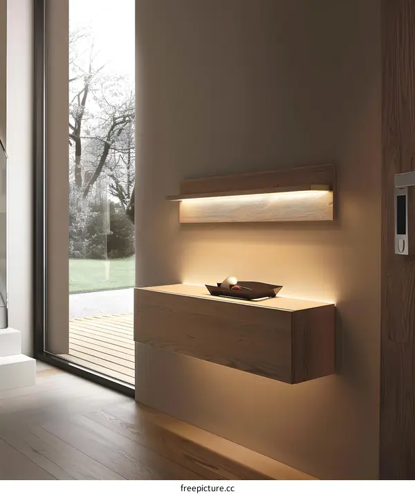 Modern Minimalist Wooden Shelf With LED Lighting And Interior Design