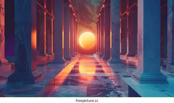 Abstract 3D Rendering of Marble Columns Leading to a Sunset
