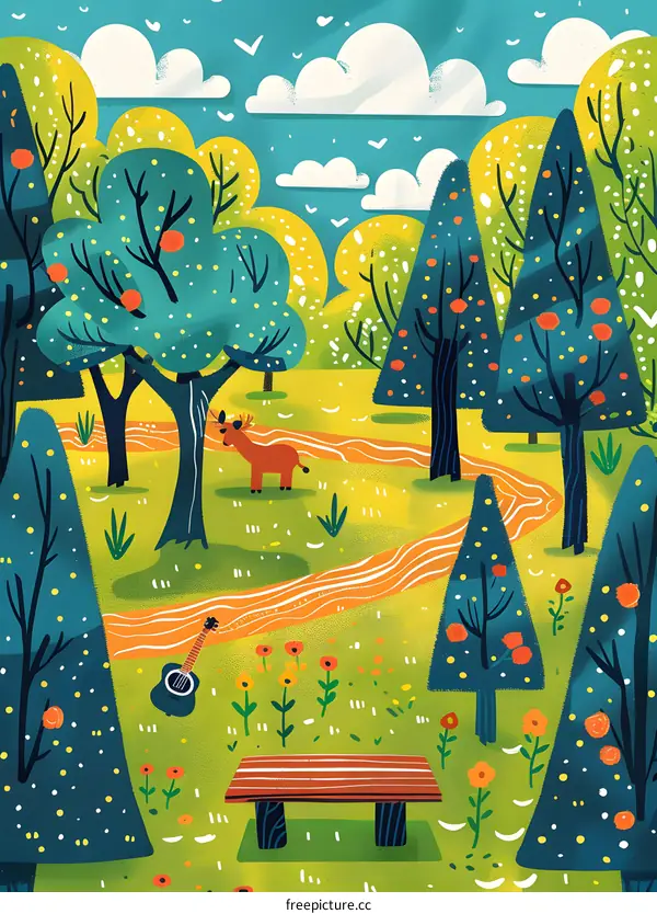 Colorful Illustration of a Forest with a Bench and a Guitar