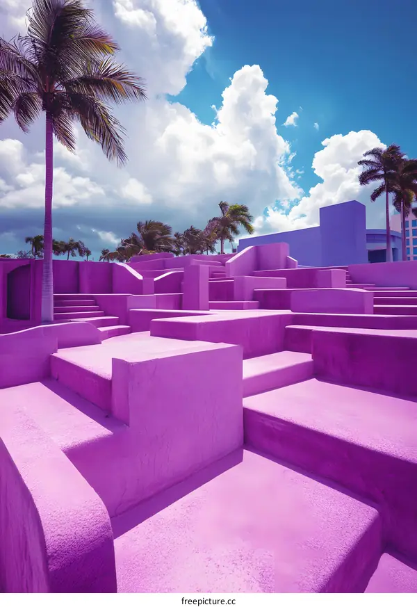 Pink Concrete Steps with Palm Trees and Blue Sky
