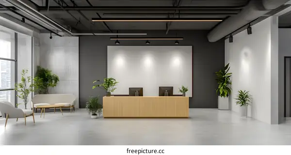 Modern Office Reception Area With Minimalist Design and Greenery