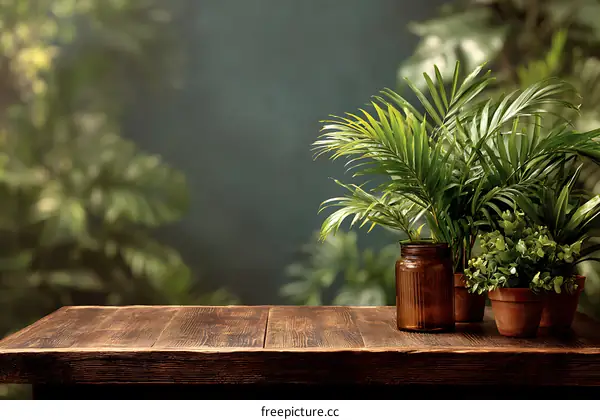 Wooden Table with Tropical Plants Display