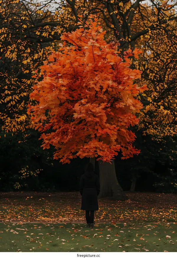 Woman Standing Under A Fall Tree