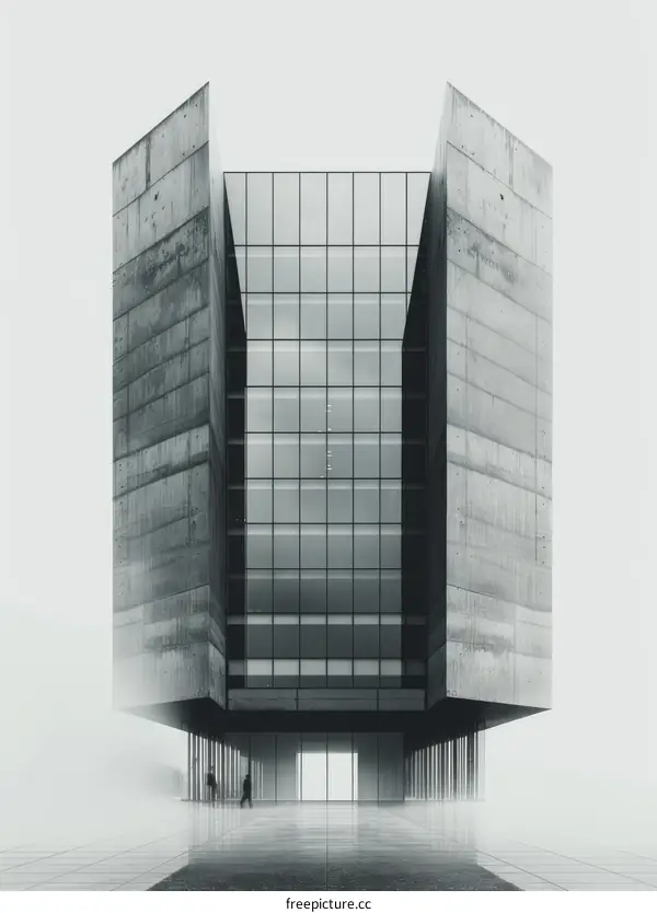 Black and white brutalist architecture with two people walking towards it