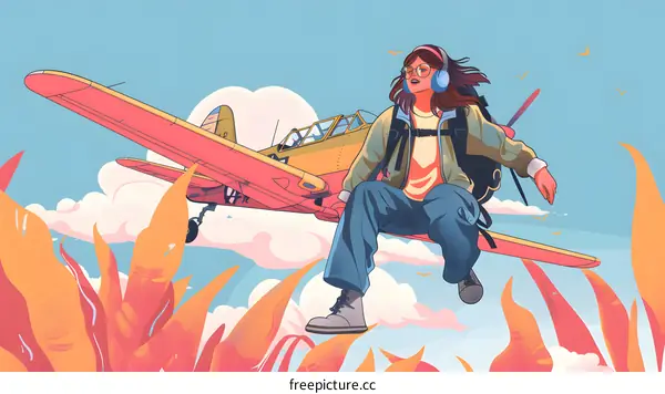 Woman With Headphones Sitting on an Airplane Wing