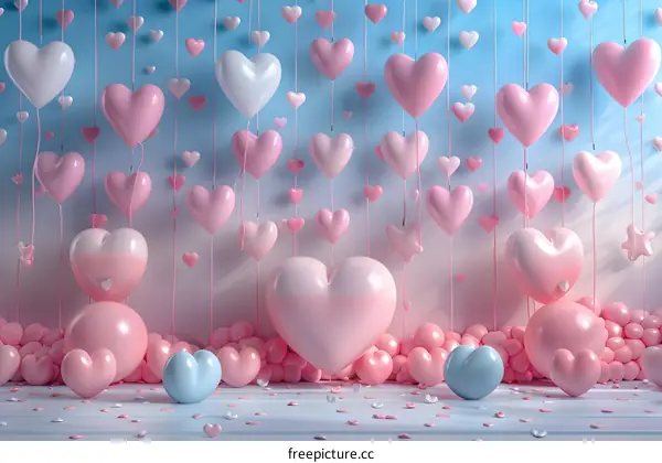 A pink heart balloon and other colored balloons