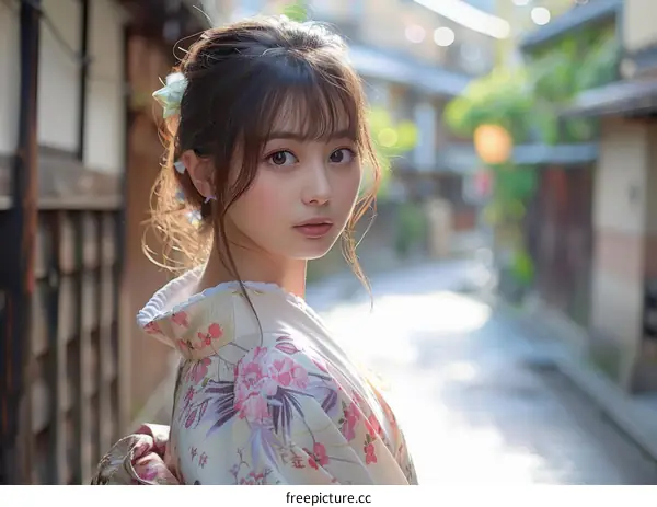 Asian Woman in Traditional Japanese Kimono in a Street Scene
