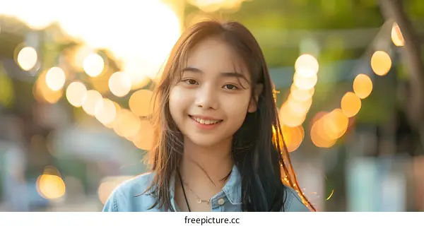 Smiling Asian Woman with Bokeh Lights in the Background