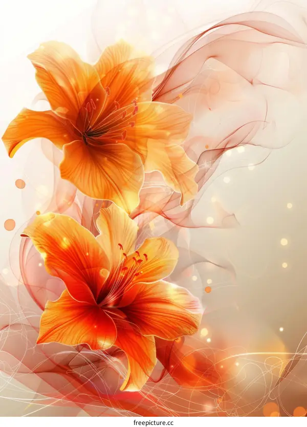 Orange lilies with red and yellow gradient petals and a white background