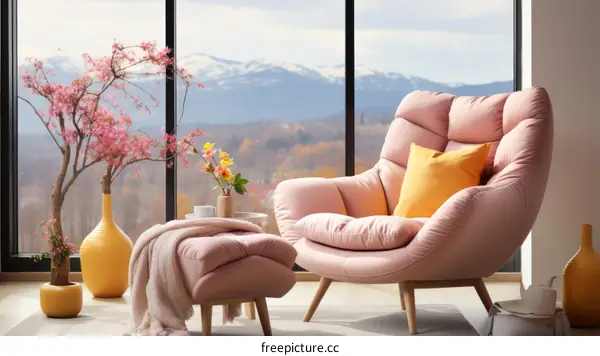 Modern living room interior design with pink armchair and ottoman