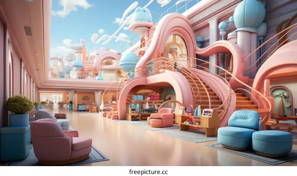 A whimsical digital illustration of a colorful and surreal cityscape with pink and blue pastel buildings and walkways