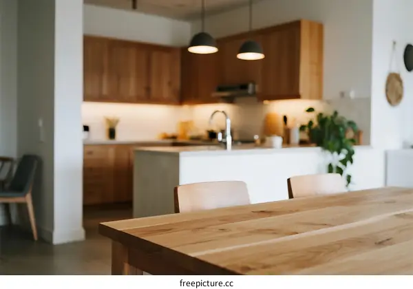 Modern wooden kitchen and dining area with cozy ambiance