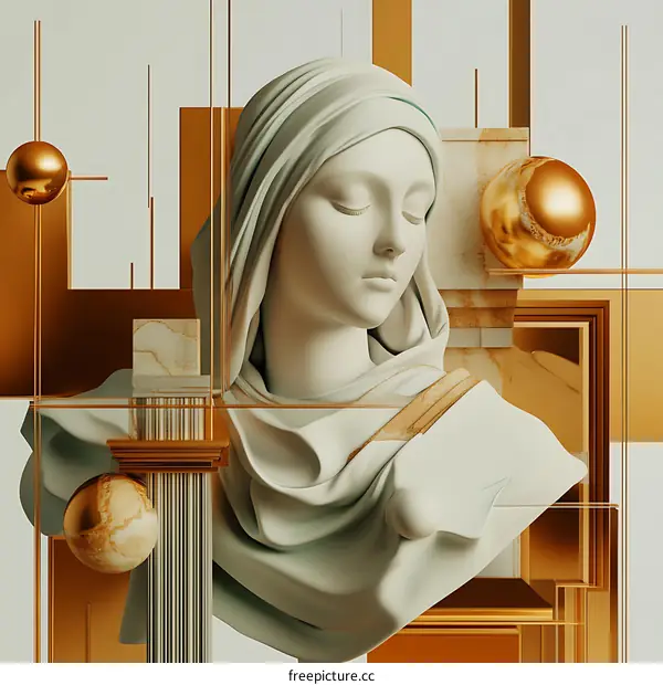 Abstract Art Sculpture with Golden Geometric Shapes