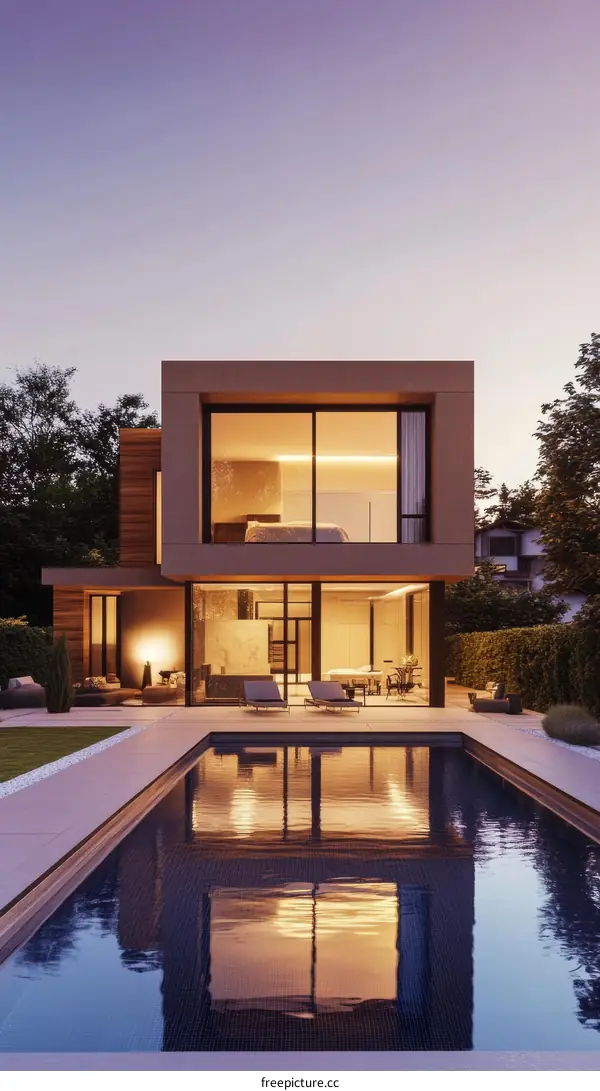 Modern House with Swimming Pool at Sunset
