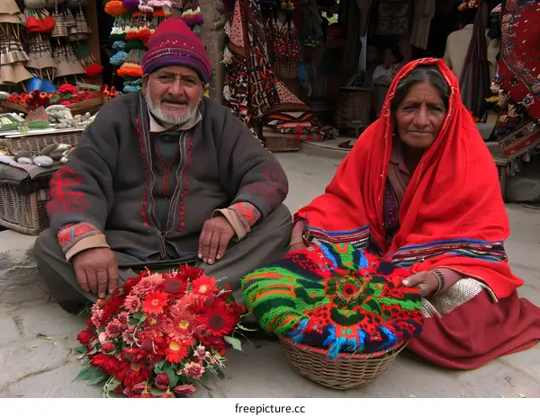 Two People In Traditional Clothing Selling Flowers In Market