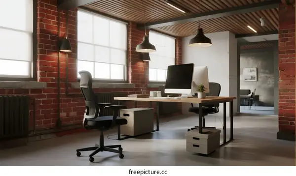 Modern office space with brick walls and wooden ceiling