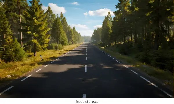 A peaceful road surrounded by lush green trees under a clear blue sky