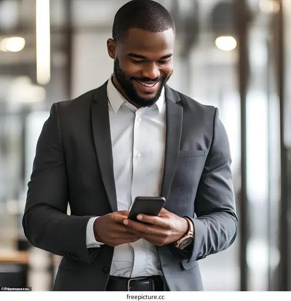 Smiling African American Businessman Using Phone
