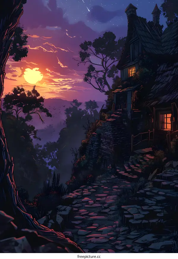 Stone Path leading to a Cabin at Sunset