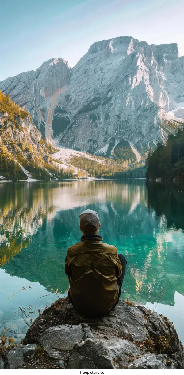 Man in a green jacket sits on a rock in front of a mountain lake
