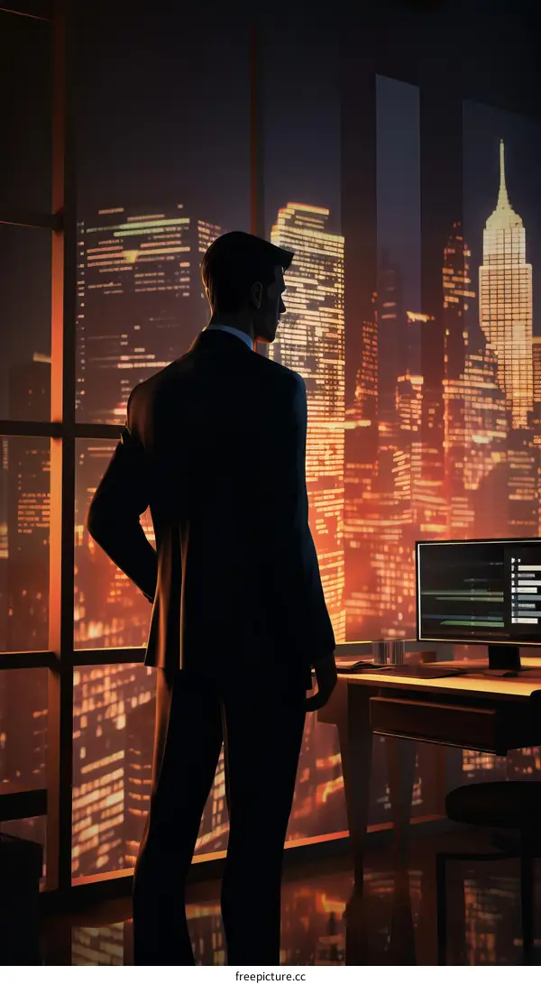 A man in a suit looking out the window at a city at night