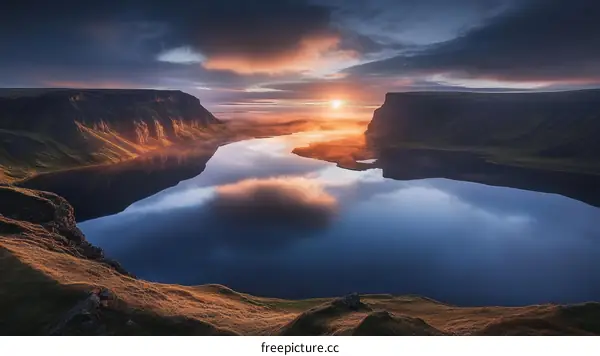 Serene Sunrise Over Mountain Lake Landscape