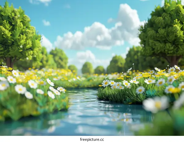 Tranquil River Flowing Through Green Meadow Under Blue Sky with White Flowers
