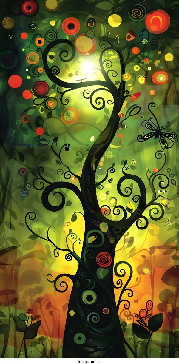 Abstract Tree with Swirling Branches and Colorful Orbs
