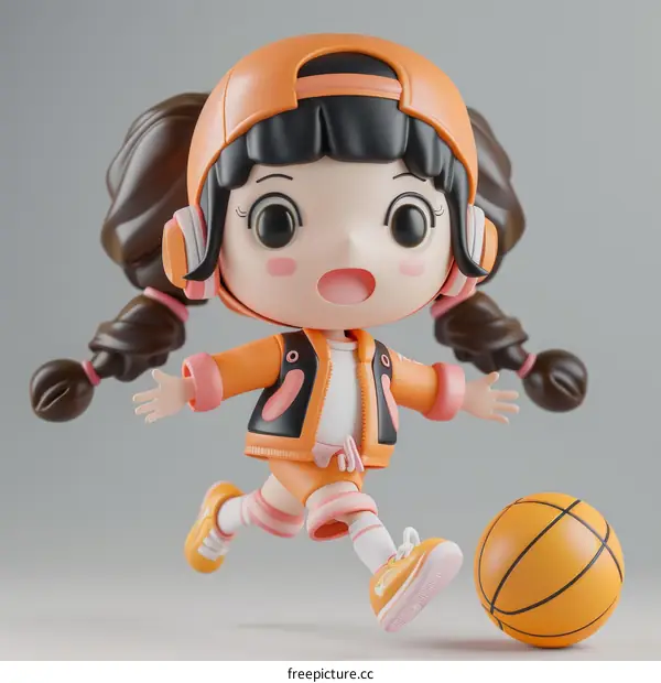 Cute 3D illustration of a chibi girl playing basketball