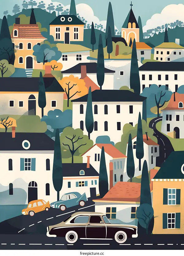 Colorful Illustration of a Cityscape with Houses and Cars